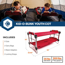 Load image into Gallery viewer, Disc-O-Bed Youth Double Cot Kid-O-Bunk, Modular for Bunk Beds, Dual Cots, or Bench with 2 Carry Bags for Portable Transport, Red
