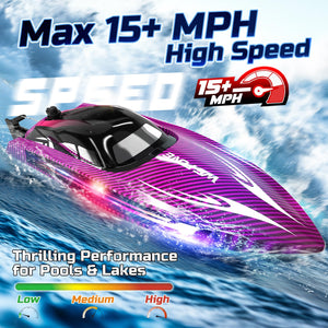 Remote Control Boat for Adults, 25+ KMH Fast RC Speed Boat with LED Light for Kids, Self-righting, Demo, Purple