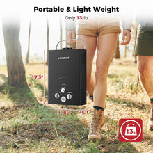 Load image into Gallery viewer, CAMPLUX Portable Tankless Water Heater 1.58 GPM, BW158B Outdoor Propane Water Heater Camping, 41,000 BTU, Black
