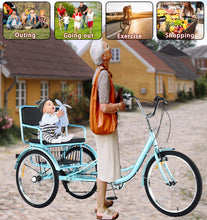Load image into Gallery viewer, Adult Tricycle 7 Speed, Adult Tricycle with Rear seat for Ladies，24in 3-Wheel Bikes, Trike for Adults (Blue)

