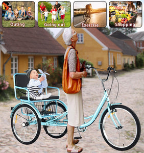 Adult Tricycle 7 Speed, Adult Tricycle with Rear seat for Ladies，24in 3-Wheel Bikes, Trike for Adults (Blue)