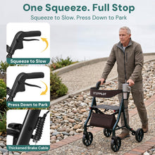 Load image into Gallery viewer, StepPilot Zero Wobble Rollator Walker with Seat for Seniors, 350lb Capacity, 18" Extra Wide Seat, 8" Wheels &amp; Dual Brake, One-Hand Folds to 9.6", 7-Level Handle Adjustable, Cup Holder &amp; Cane Clip
