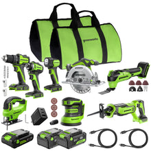 Load image into Gallery viewer, GREENWORKS 24V (8-TOOL) Combo (Drill, Impact Driver, Circular Saw, Reciprocating Saw, Jigsaw, Multi-Tool, Sander, Flashlight), 4.0Ah + (2) 2.0Ah (Power Bank) Batteries, (2) Cables, 65W Rapid Charger
