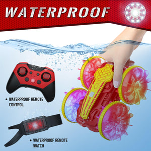 Amphibious RC Car with Lights for Kids 6-12 Year Old Gesture Sensor RC Stunt Cars Boat 4WD 2.4GHz Waterproof Hand Controlled
