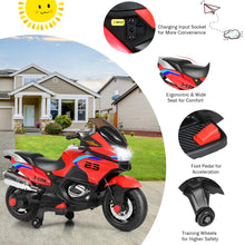 Load image into Gallery viewer, 12V Kids Motorcycle, Battery Powered Electric Vehicle for Kids, Training Wheels, LED Lights, Foot Pedal (Red)
