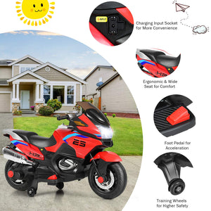 12V Kids Motorcycle, Battery Powered Electric Vehicle for Kids, Training Wheels, LED Lights, Foot Pedal (Red)