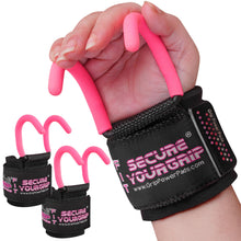 Load image into Gallery viewer, Weight Lifting Hooks with Wrist Wraps, Deadlifts &amp; Pull-Ups (Set of 2) - Pink
