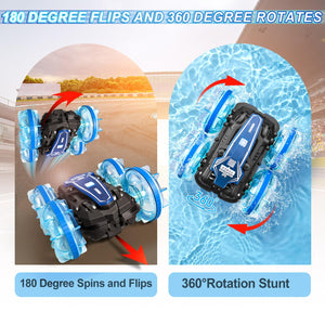 Amphibious Remote Control Car, 2.5GHz 4WD 131Ft 360° Rotation, 180° Flip，60Mins Play, Rechargeable Gesture Rc Car with LED