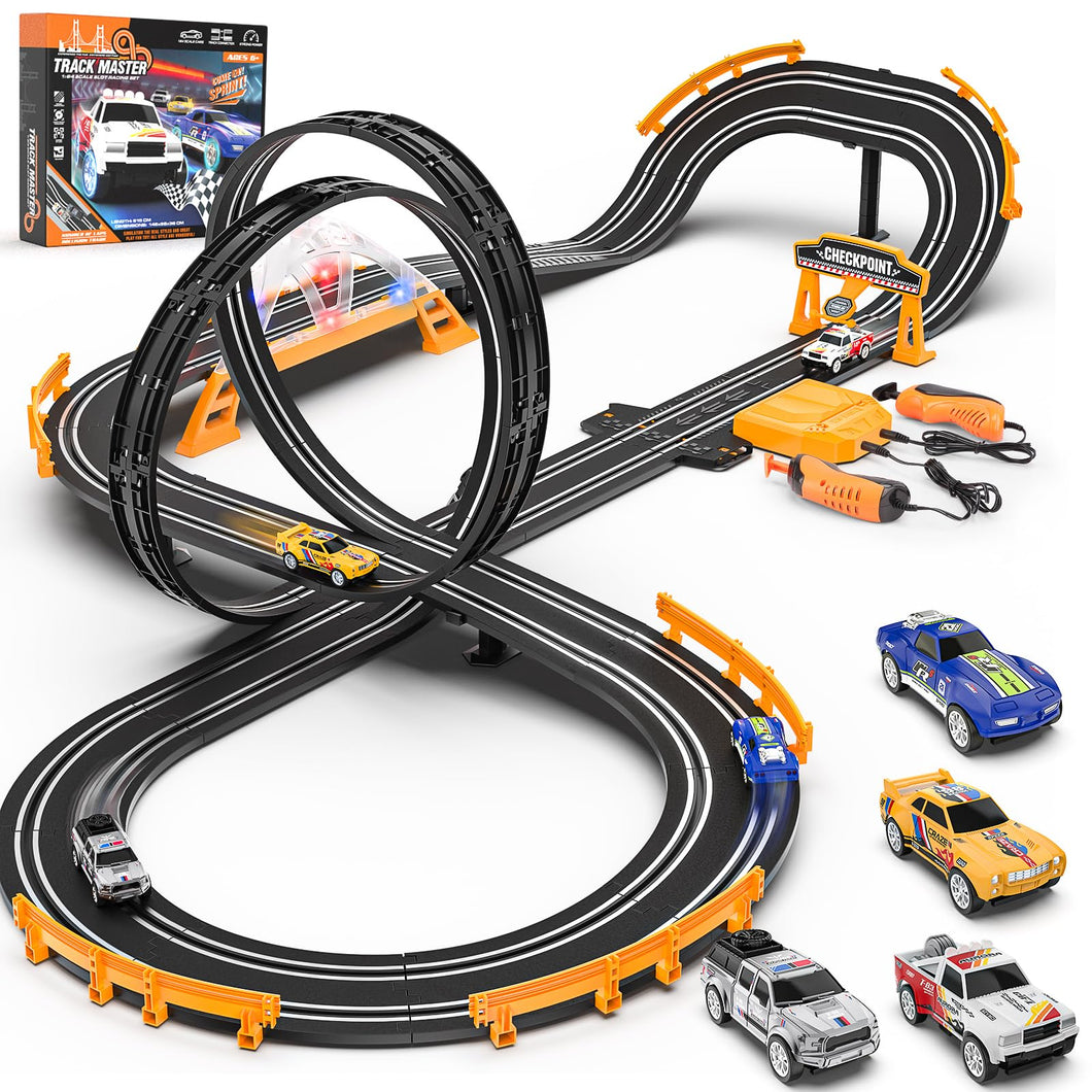 Slot Car Race Track Sets with 4 Slot Cars, Electric Race Car Track Include Slope Circular Overpass Track, Dual Racing Game