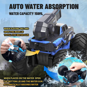 1:16 4WD Remote Control Monster Truck All Terrain Amphibious RC Car Boat with Water Spray Gun Two Batteries Waterproof