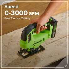 Load image into Gallery viewer, GREENWORKS 24V (8-TOOL) Combo (Drill, Impact Driver, Circular Saw, Reciprocating Saw, Jigsaw, Multi-Tool, Sander, Flashlight), 4.0Ah + (2) 2.0Ah (Power Bank) Batteries, (2) Cables, 65W Rapid Charger
