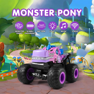 Remote Control Car, 2.4Ghz All Terrain Pony Monster Truck Toys, RC Truck with Music, 3 Lighting Effects, 360 Stunt (Pink)