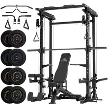 Load image into Gallery viewer, Major Fitness Drone3 Smith Machine with Weight Bench &amp; 230lb Plates Set, All-in-One Home Gym Squat Rack with Cable Crossover &amp; Pull-Up Station, Heavy-Duty Strength Training, Black
