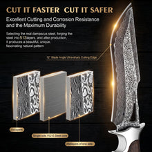 Load image into Gallery viewer, SAN TONG XIONG Damascus Hunting Knife,10.4" Fixed Blade VG10 Leather Sheath
