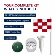 Load image into Gallery viewer, Regulation flagstick, cup &amp; pin flag to use in your backyard or other open space for practice. Use the same products as used by golf courses all over the world and on tour. (Red and White Checkered)
