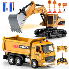 Load image into Gallery viewer, Remote Control Excavator and Dump Truck Toy Set - RC Construction Vehicles Toy with Barricades, Road Signs
