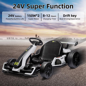 24V Electric Go Kart,300W Powerful Drift Kart for Kids, Electric Pedal Kart, with 300W Strong Motor-White