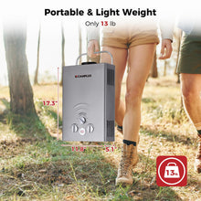 Load image into Gallery viewer, CAMPLUX Portable Tankless Water Heater 1.58 GPM, BW158G Propane Gas Shower for Camping, RV, Pet Washing, 41,000 BTU Outdoor Hot Water System, Battery Operated, Gray
