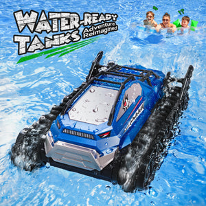 Amphibious Remote Control Car, Waterproof Shark Monster Truck, 360° Rotating Tank, Full Throttle, Blue