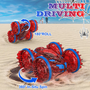 Amphibious Remote Control Car for Kids with LED Lights, RC Boats for Boys Age 6 7 8 9 10 11 12, 2.4GHz 4WD Spide RC Stunt Car