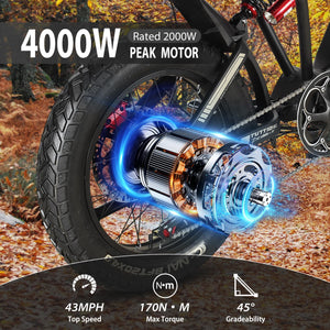 Electric-Motorcycle for Adults-Teens Age 16+, 60V 4000W Peak Moped-Style-Ebike, 43-49MPH, 20" Fat-Tire-Electric-Bike, 1500Wh