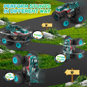 Remote Control Car, 2.4Ghz All Terrain Dinosaur Monster Truck Toys, RC Truck with Music, 3 Lighting Effects, 360 Stunt (Cyan)