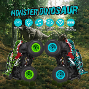 Remote Control Car, 2.4Ghz All Terrain Dinosaur Monster Truck Toys, RC Truck with Music, 3 Lighting Effects, 360 Stunt (Cyan)