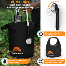 Load image into Gallery viewer, Ridgewinder Portable Shower for Camping with Dry Bag - Camp Shower with Rechargeable Battery and Included 10L Dry Bag for Water Storage. Complete Camping Shower in a Bag (+Sprayer Attachment).

