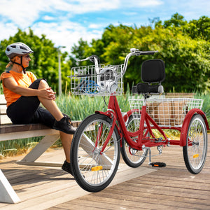 24 26 Inch Adult Tricycle, Single Speed 7-Speed 3-Wheel Bike for Adults, Trike for Women Men with Detachable Front and Rear Baskets