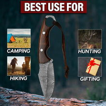 Load image into Gallery viewer, BISONBROS Damascus Hunting Knife 10 Inch – Fixed Blade Full Tang Knife with Leather Sheath – 288 Layer 1095 &amp; 15N20 High Carbon Steel – Rosewood Handle Bushcraft Knife for Camping
