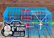 Load image into Gallery viewer, OceanBuilt Florida Large Blue Crab Trap with 6" White Buoy Kit – 11 x 24 x 24 Recreational Blue Crab Pot – Four-Throat Saltwater Crab Trap – Includes Buoy &amp; 30' Rope – PVC Coated Wire Fishing Trap
