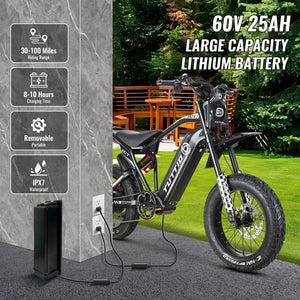 Electric-Motorcycle for Adults-Teens Age 16+, 60V 4000W Peak Moped-Style-Ebike, 43-49MPH, 20" Fat-Tire-Electric-Bike, 1500Wh