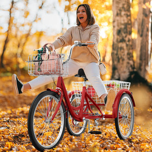 24 26 Inch Adult Tricycle, Single Speed 7-Speed 3-Wheel Bike for Adults, Trike for Women Men with Detachable Front and Rear Baskets