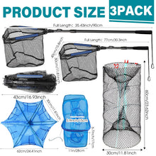 Load image into Gallery viewer, Windyun 3 Pcs Folded Fish Trap Includes Landing Net with Telescoping Pole Handle Cylindrical Hexagon Bait Bag Rope Bait Traps for Fishing Crab Crawfish Shrimp Lobster Accessories
