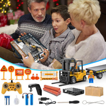 Load image into Gallery viewer, RC Forklift Toy with Trailer, Kids Forklift Construction Toys Set with Flatbed Truck &amp; Crane Toy Hook, 2 Battery/Spray/Light
