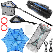 Load image into Gallery viewer, Windyun 3 Pcs Folded Fish Trap Includes Landing Net with Telescoping Pole Handle Cylindrical Hexagon Bait Bag Rope Bait Traps for Fishing Crab Crawfish Shrimp Lobster Accessories

