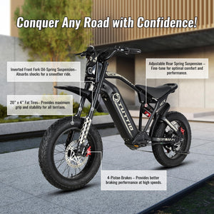 Electric-Motorcycle for Adults-Teens Age 16+, 60V 4000W Peak Moped-Style-Ebike, 43-49MPH, 20" Fat-Tire-Electric-Bike, 1500Wh