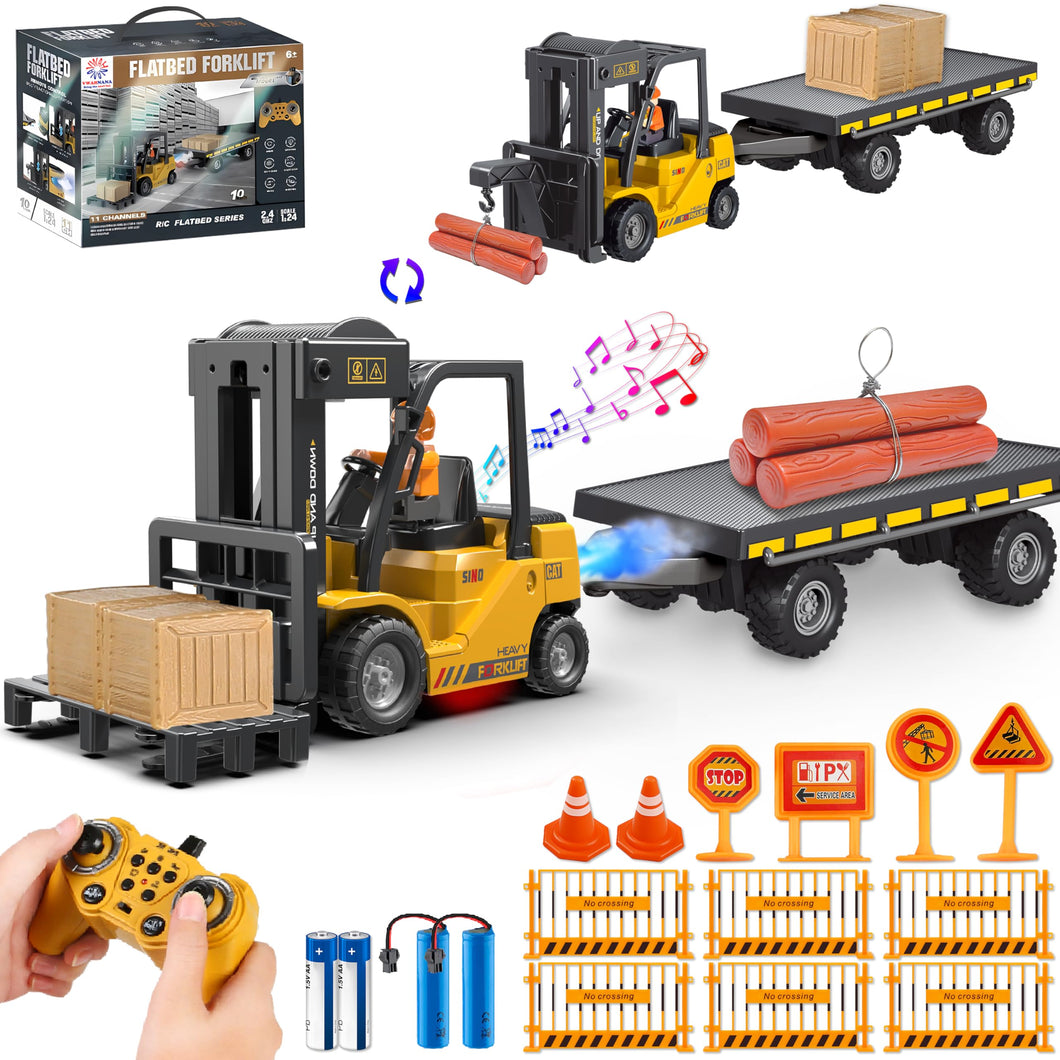 RC Forklift Toy with Trailer, Kids Forklift Construction Toys Set with Flatbed Truck & Crane Toy Hook, 2 Battery/Spray/Light