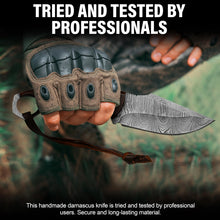 Load image into Gallery viewer, BISONBROS Damascus Hunting Knife 10 Inch – Fixed Blade Full Tang Knife with Leather Sheath – 288 Layer 1095 &amp; 15N20 High Carbon Steel – Rosewood Handle Bushcraft Knife for Camping
