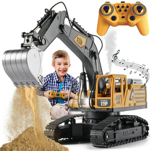 Remote Control Excavator Toys for Boys,14 Channel RC Digger Construction Toys Tractor, Simulated Smoke, Sound, Lighting, Metal Digging Head