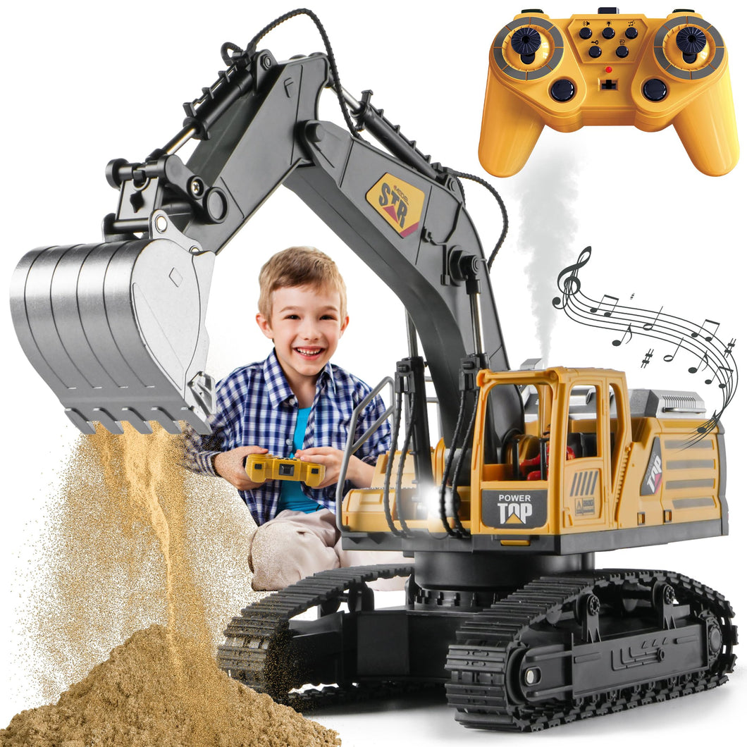 Remote Control Excavator Toys for Boys,14 Channel RC Digger Construction Toys Tractor, Simulated Smoke, Sound, Lighting, Metal Digging Head