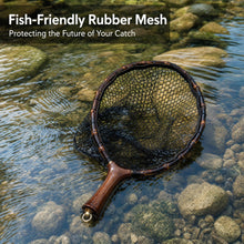 Load image into Gallery viewer, Premium Handcrafted Fly Fishing Net with Natural Bamboo Frame, Rubber Hex Mesh, Brass Lanyard Ring, Trout Stream Size
