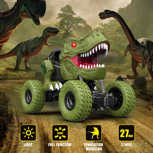 Remote Control Dinosaur Car for Kids Boys, 2.4Ghz All Terrain Remote Control Dinosaur Truck with Light, Rechargeable 4WD