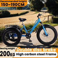 Load image into Gallery viewer, 24 inch high carbon steel 4.0 fat tire called tricycle 7 speed double disc brake elderly tricycle can be loaded with bike adults
