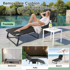 3 in 1 Folding Camping Cot Bed, 5 Positions Adjustable Patio Chaise Lounge Chair, Portable Sleeping Cots，Black Cot + Pad