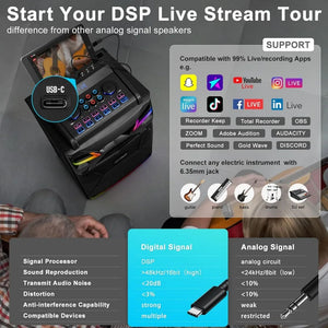 10-inch DSP Bluetooth Karaoke Machine 600W PA System Support Live Streaming with Sound Effects/DJ Lights/FM Radio