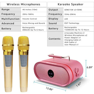 RHM Karaoke Machine,2 Wireless Microphones,Rechargeable Battery Speaker,Portable PA Speaker System with Bluetooth/AUX/USB/SD