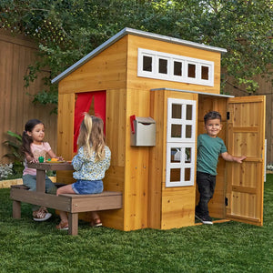 Modern Outdoor Wooden Playhouse with Picnic Table