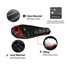 Load image into Gallery viewer, Winter Down Sleeping Bag Adult Mummy White Goose Down Warm Sleeping Bag Three Seasons Suitable For Camping Trips
