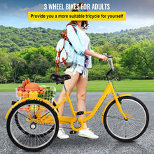 Load image into Gallery viewer, 1-Speed 3 Wheel Adult Tricycle 24&#39;&#39; Yellow Trike Bicycle Bike with Large Basket for Riding Front V-brake
